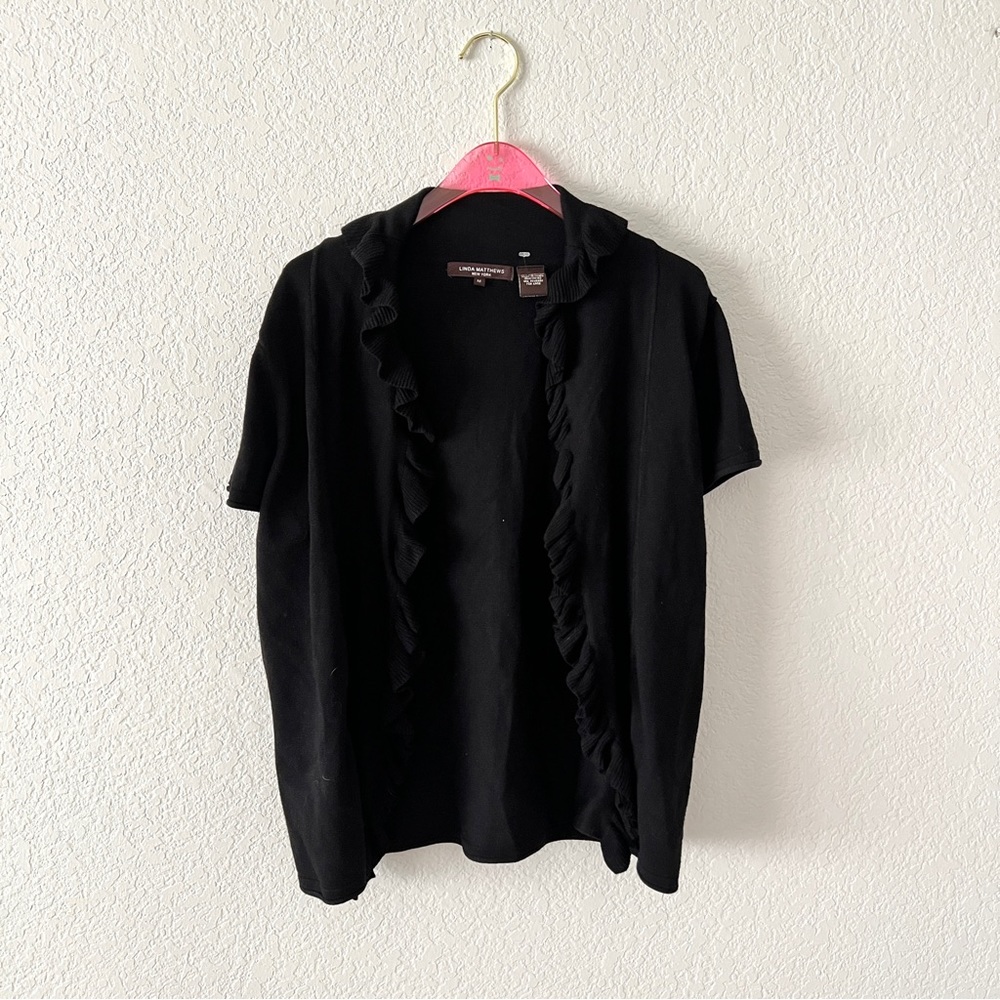 NWOT Linda Matthews New York Open Ruffle Short Sleeve Cardigan Size Medium